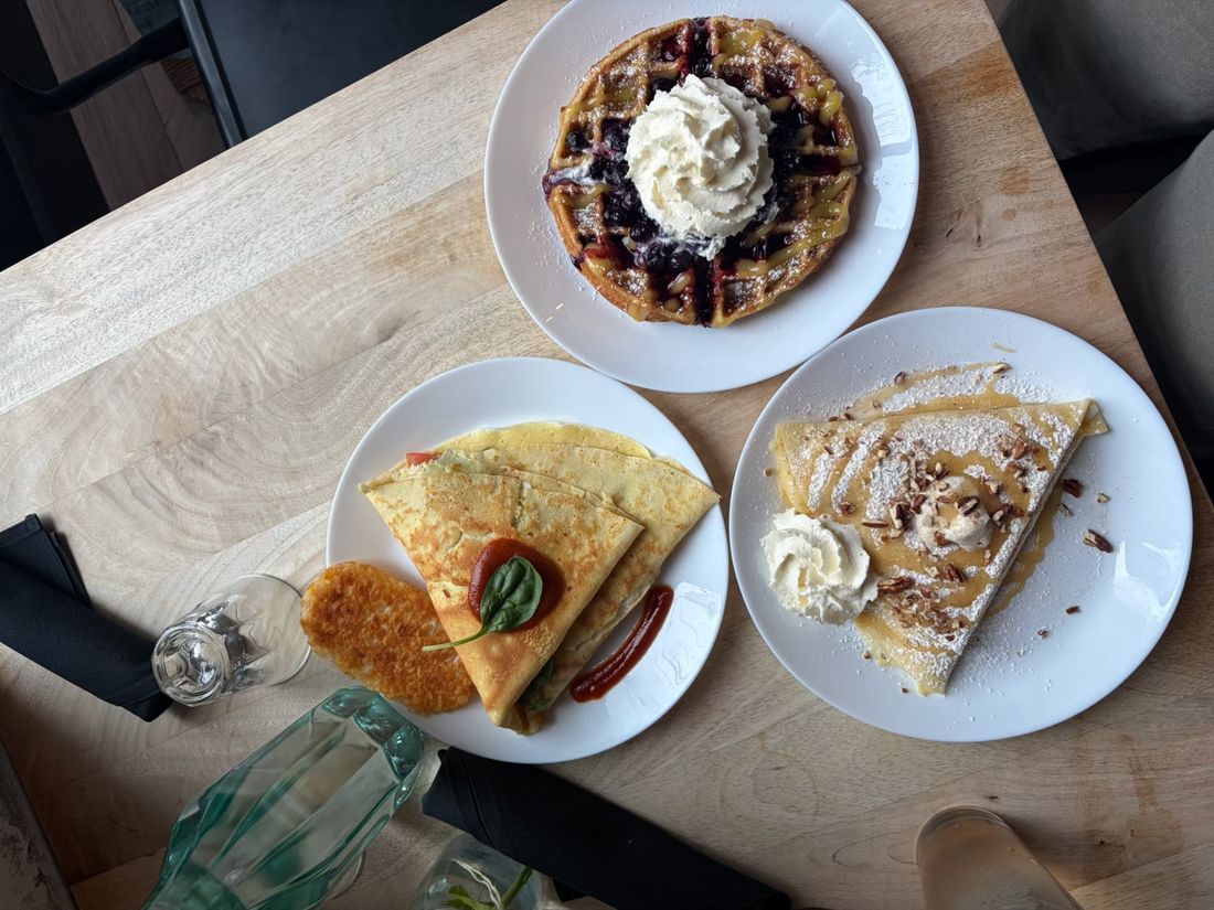 Sweet and savory crêpes and a gourmet waffle from Brown Butter Crêperie & Café.